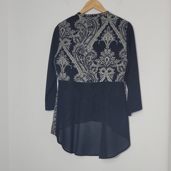 Soft Works Black White Paisley Print 3/4 Sleeve V-Neck High-Low Blouse Size 6 - Picture 2 of 11